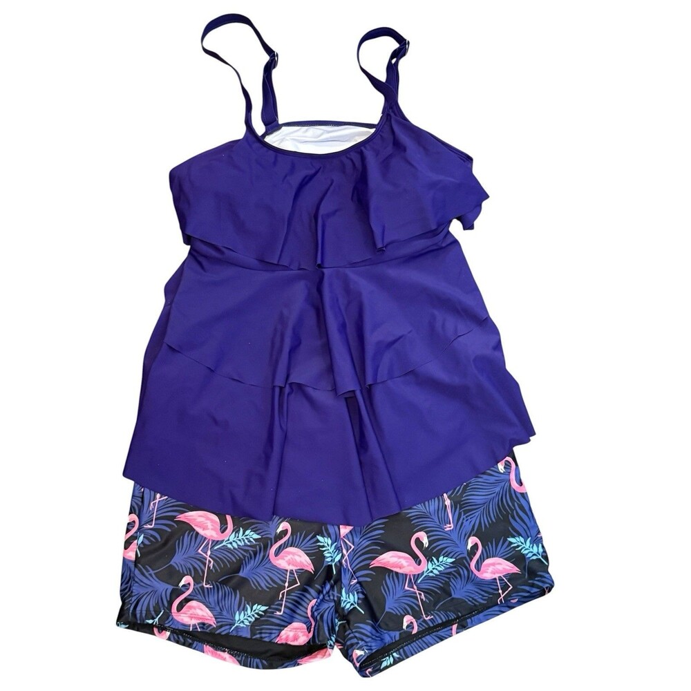 Yonique Size 18W Purple Ruffle Flamingos Tankini Swimsuit Padded Top Lined